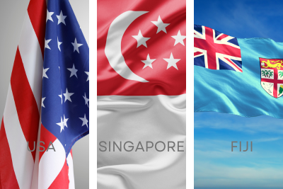 Flags of U.S.A., Singapore and Fiji.
