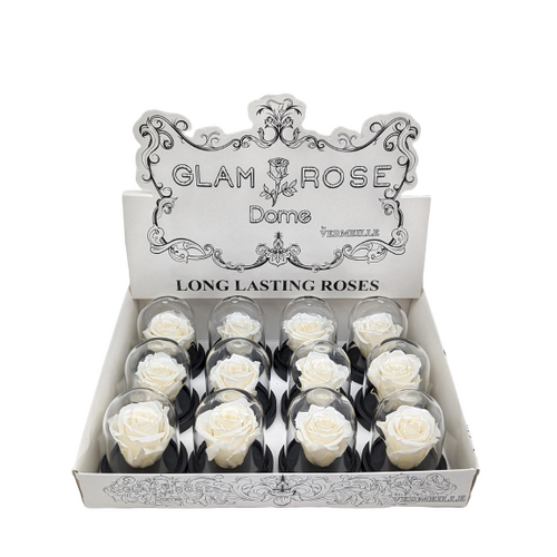 A floral diplay box with 12 small glass preserved rose domes in the colour Chardonnay